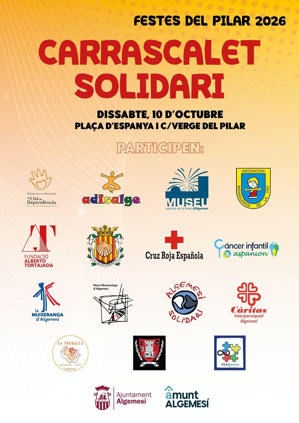 Cartell del Carrascalet Solidari, Festes del Pilar 2026, dissabte 10 d'octubre a la plaça d'Espanya i C/ Verge del Pilar d'Algemesí